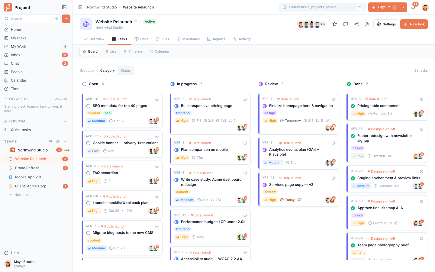Kanban board for the Website Relaunch project with tags, priorities, deadlines, checklists and assignees.