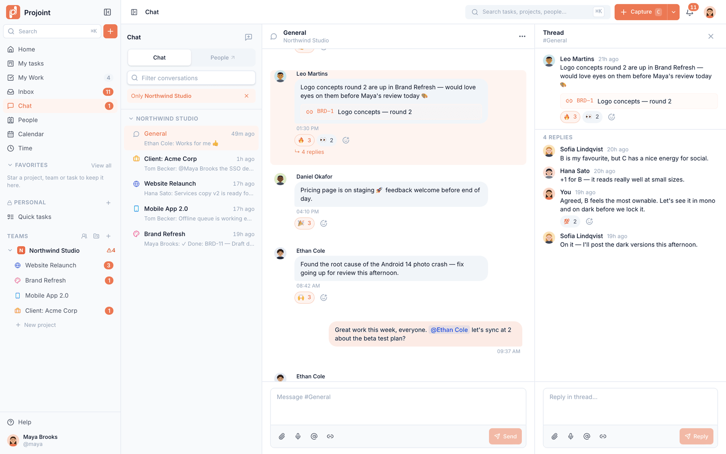 Team chat: #General with a linked task card, emoji reactions and an open thread.