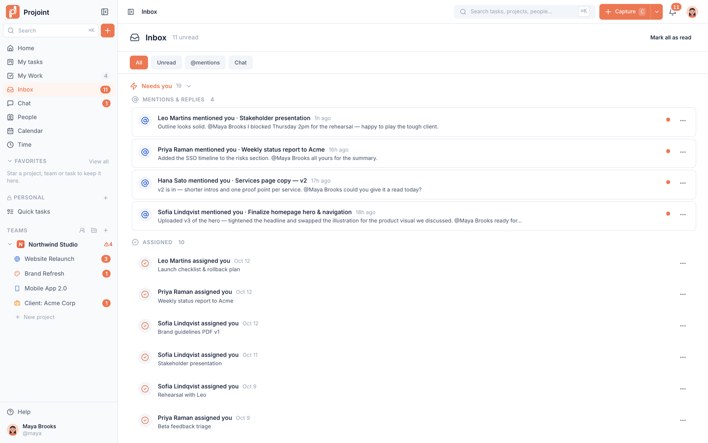 Inbox: mentions, replies and assignments that need you, in one prioritised feed.