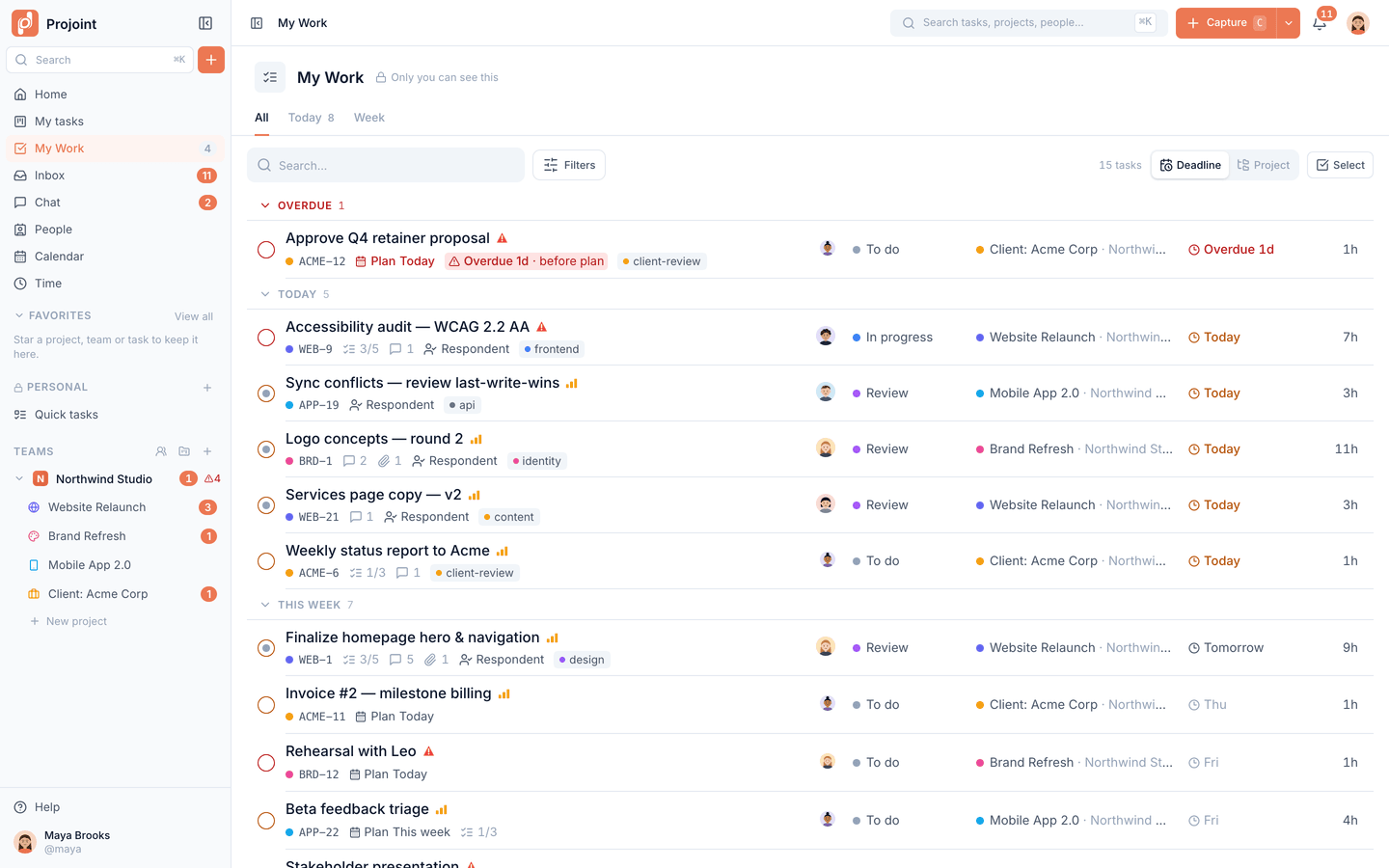 My Work: every task assigned to me across projects, grouped by deadline with status, project and progress.