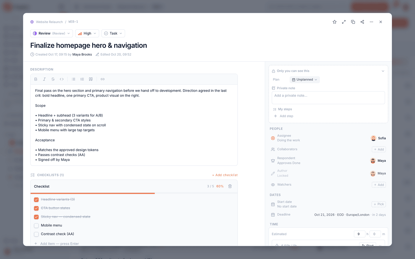Task detail: description, checklist progress, people, dates and time tracking.