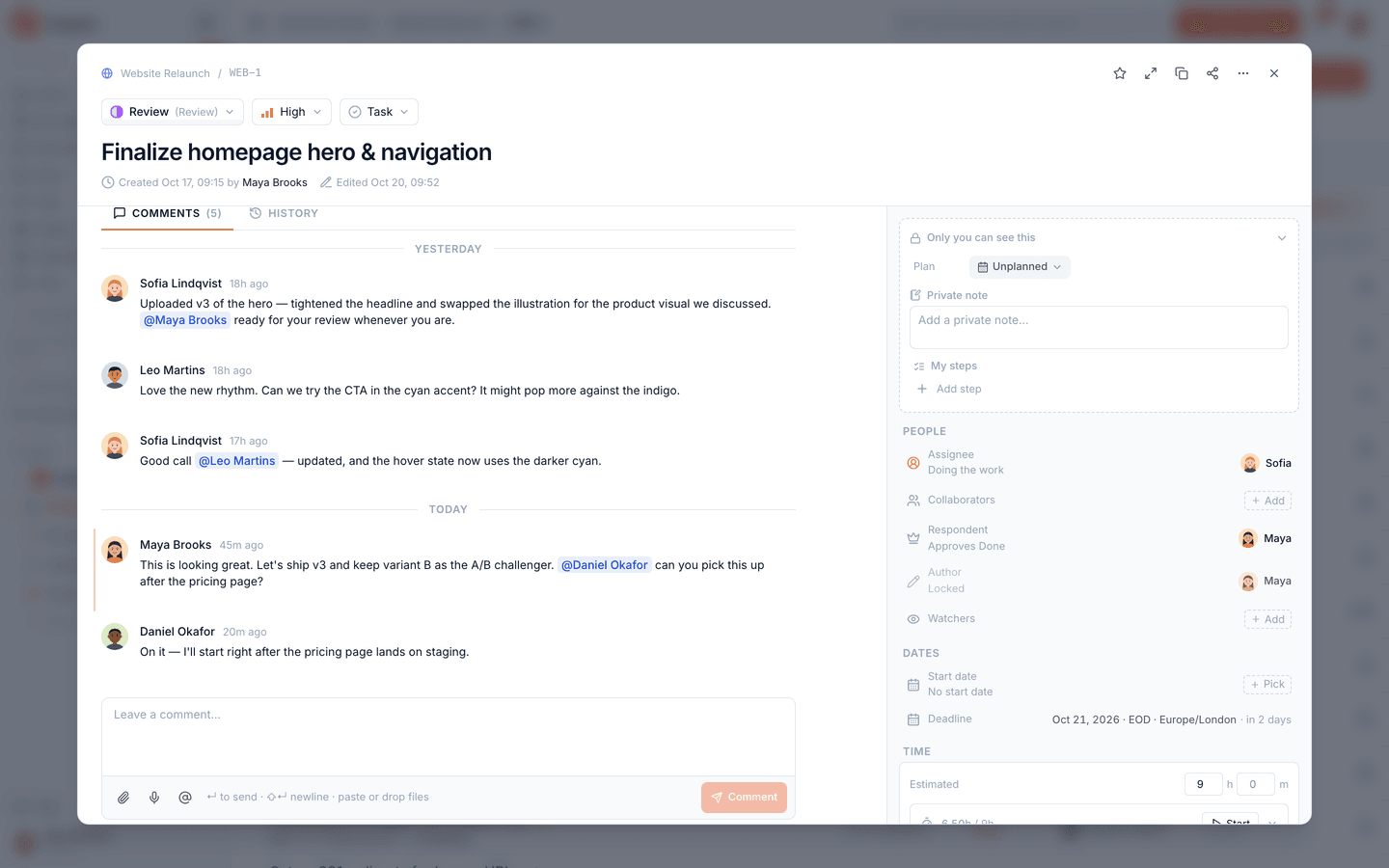 Task detail scrolled to attachments, comments with @mentions and activity.