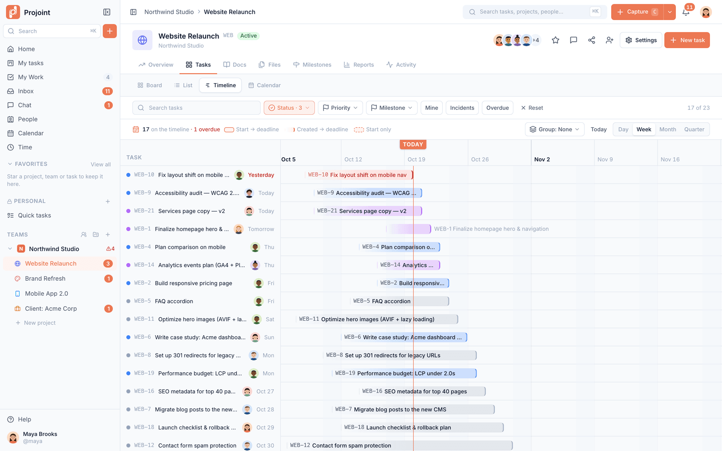 Project timeline (Gantt) with today line, task bars from start to deadline and overdue highlights.