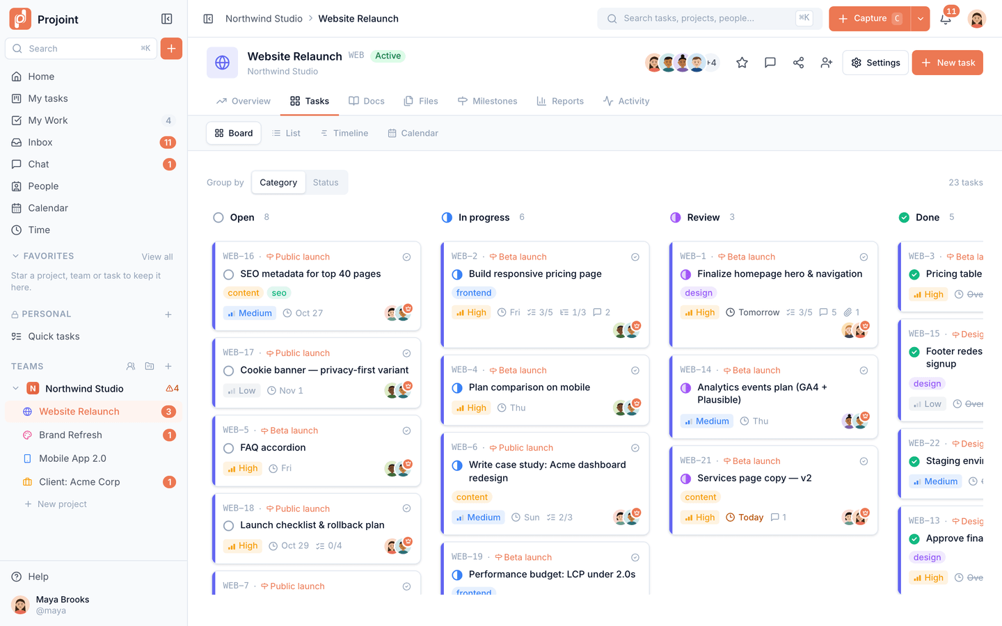 Wide hero crop of the Website Relaunch kanban board.