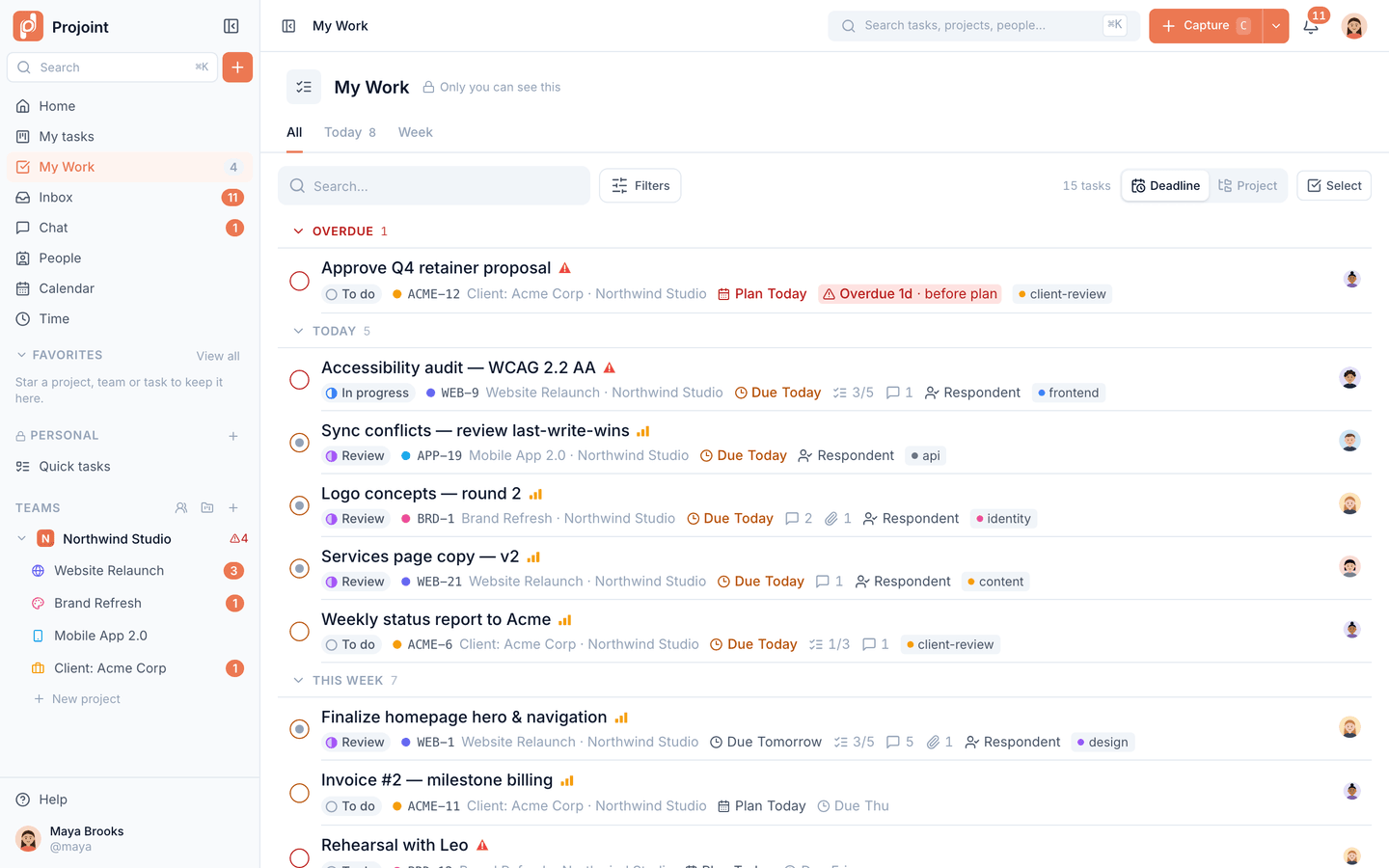 Wide hero crop of My Work: tasks across projects grouped by deadline.