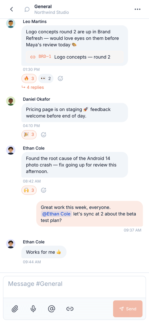 Phone chat: the #General conversation with a linked task card, reactions and a thread.