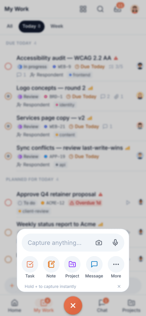 The Create popover opened from the centre tab-bar button.