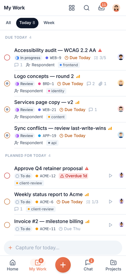 Phone My Work, Today view: overdue and due-today tasks with status, project and progress.